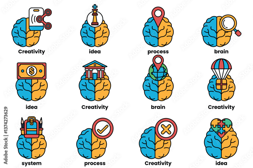 Poster set of illustrations in the concept of brain and things in line art style