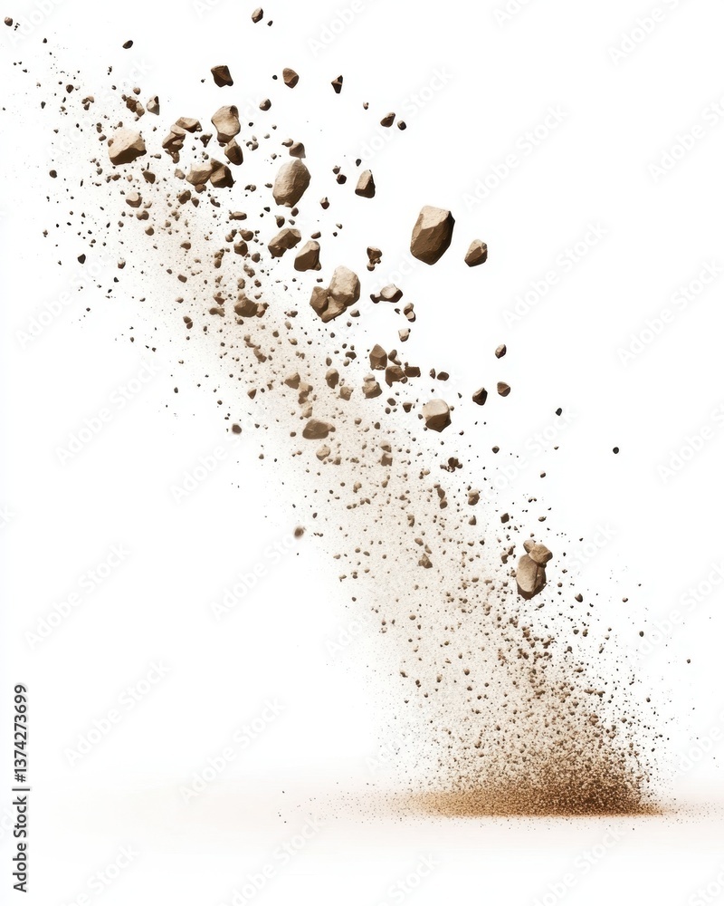 Poster dynamic studio shot of falling rocks and dust cloud against a clean white background creating a sens