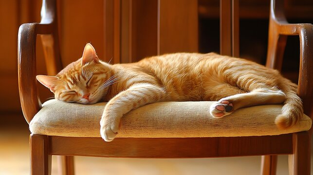 An orange cat peacefully sleeping on a vintage wooden chair with sunlight streaming in, creating a warm and cozy atmosphere - Powered by Adobe