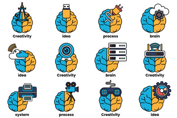 Set of illustrations in the concept of brain and things in line art style