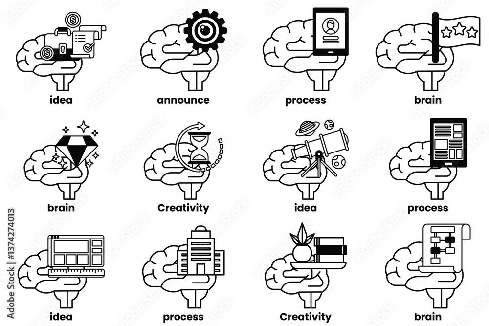 Poster set of illustrations in the concept of brain and things in line art style