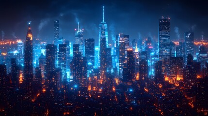 Fototapeta premium A night view of a futuristic urban skyline illuminated by blue LED lighting