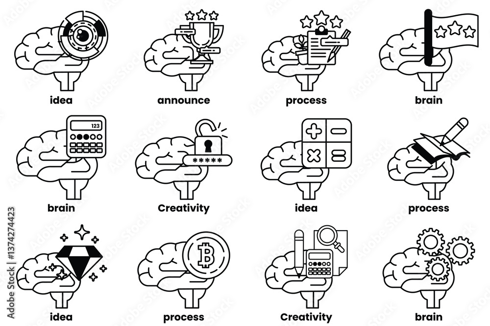 Poster set of illustrations in the concept of brain and things in line art style