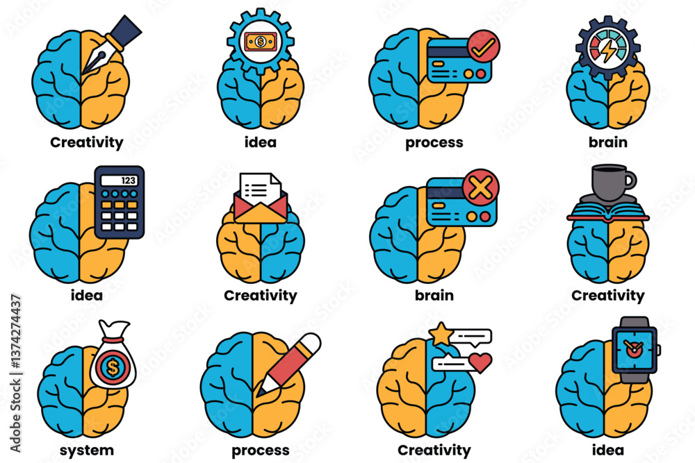 Poster set of illustrations in the concept of brain and things in line art style