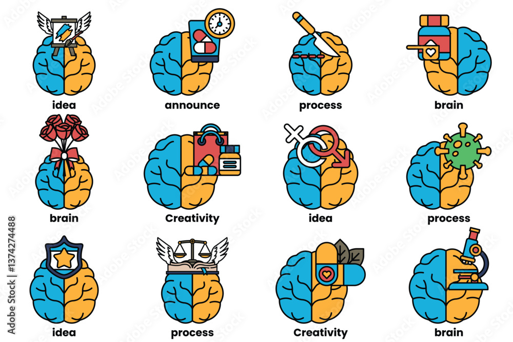 Poster set of illustrations in the concept of brain and things in line art style