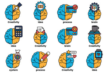Set of illustrations in the concept of brain and things in line art style