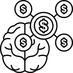 A brain with a bunch of dollar signs surrounding it