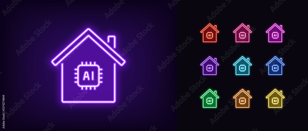 Poster outline neon ai home icon set. glowing neon house icon with inbuilt ai system control, integrated ar