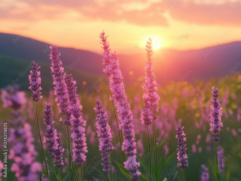 Aufkleber serene lavender field at sunset with soft focus and warm light creating a peaceful and calming mood 