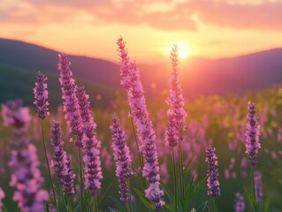 Fototapeta premium Serene lavender field at sunset with soft focus and warm light creating a peaceful and calming mood in nature