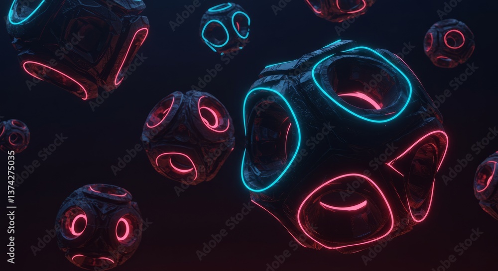 Poster glowing abstract shapes in dark space 3d rendering