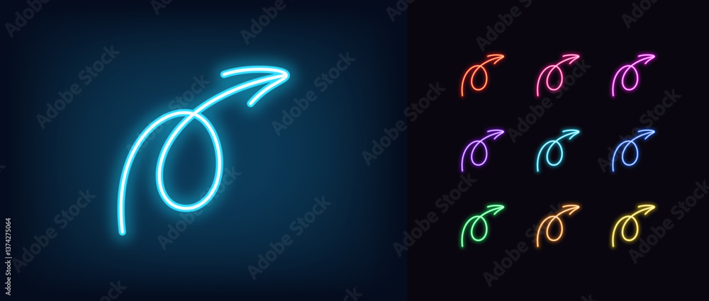 Poster outline neon hand drawn arrow set. glowing neon curl arrow icon, doodle line arrowhead. swirl arrow,