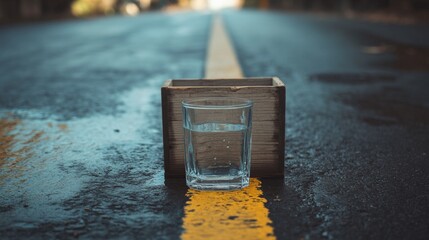 A wooden box sits on the road, containing a glass half-filled with liquid. However, one could also say the glass is half-empty, highlighting the subjective nature of perception.