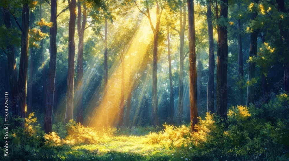 Poster enchanting forest scene with sun rays filtering through tall trees creating a magical atmosphere in 