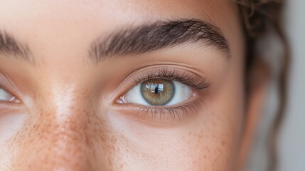 A young woman with captivating green eyes and prominent freckles gazes directly, revealing emotions and depth in her expression