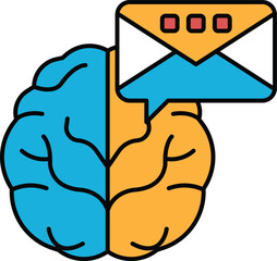 A brain with a blue and orange section and a red and white section
