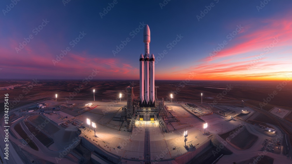 Poster a rocket stands ready for launch at dawn, surrounded by infrastructure that supports its propulsion 