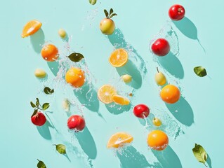 A vibrant assortment of fresh fruit bursts into life as refreshing water splashes around them, creating a captivating visual feast.