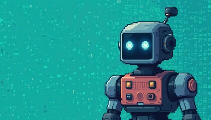 Fototapeta premium Pixel art robot displayed on a teal 8 bit background. Evoking retro gaming nostalgia with a modern color palette.