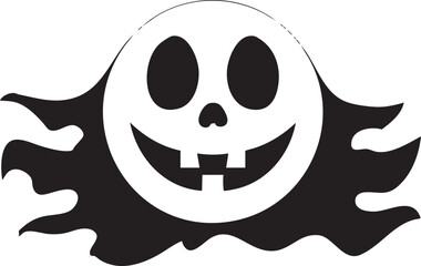 Black and white smiling skull ghost illustration for spooky Halloween designs.