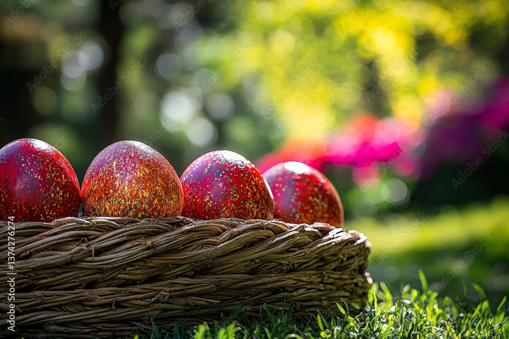 Poster decorative easter eggs placed in nest with colorful background and outdoor setting representing spri