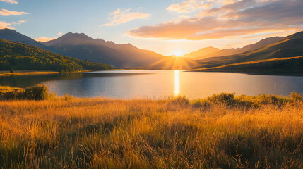 Fototapeta premium Serene sunset reflection over calm mountain lake tranquil landscape nature photography peaceful environment wide angle view
