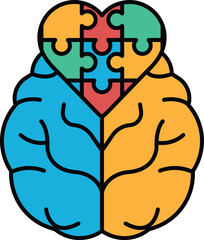 A puzzle piece brain with a heart in the middle