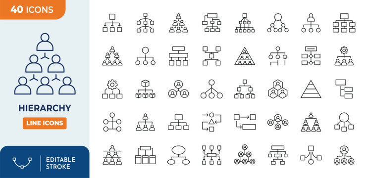 Hierarchy icon set. Contains related icons Structure, hierarchy, chart, and more. Outline Icon Collection. Vector illustration. Editable stroke	