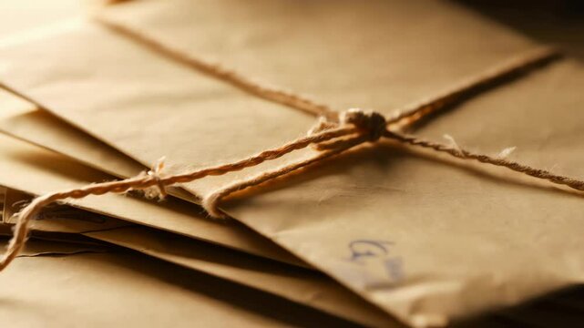 Closeup of letters and parcels tied with twine, highlighting their texture and rustic charm
