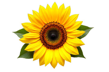 Naklejka premium Bright sunflower bloom isolated on white background. Ideal for summer designs, agricultural themes, cheerful greetings, sunflower oil advertising. Isolated on transparent background.