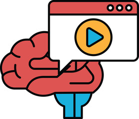 A cartoon brain with a red body and blue legs is holding a red