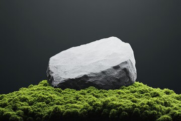 solitary intricately detailed 3d model of smooth granite boulder surrounded by soft mossy textures against stark monochrome
