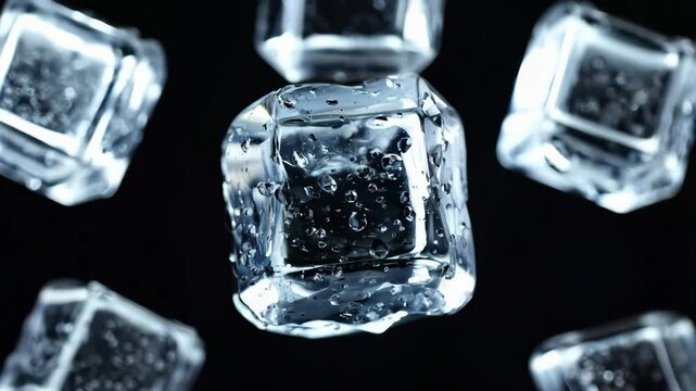 floating transparent ice cubes with water drops in black background