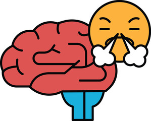 A cartoon brain with a red face and a red nose blowing its nose