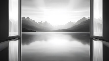 Tranquil sunset reflection mountain lake scenic landscape photography serene nature wide angle view peaceful ambience