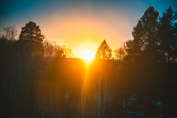 Illuminating the sky with intense orange hues, the sun sets behind the silhouettes of trees,...