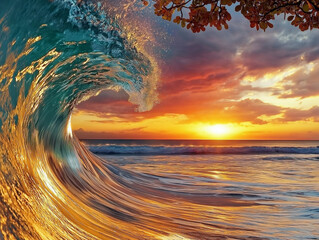 Stunning tropical sunset with gentle waves and clear ocean water