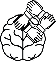 A black and white drawing of a brain with hands on it