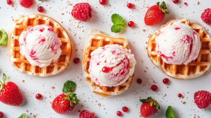 Delightful Waffles with Raspberry Ice Cream and Fresh Berries on White Background in Top View Delicious Dessert