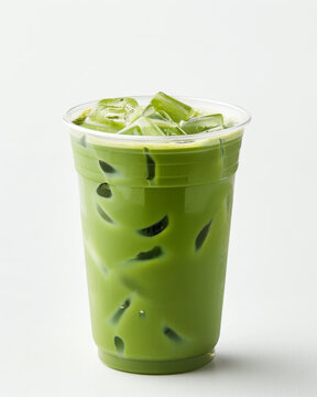 refreshing iced matcha latte in clear plastic cup against plain background