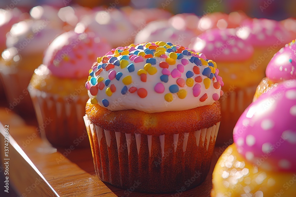 Poster single pastel cupcake with colorful frosting and sprinkles placed on soft background representing sw