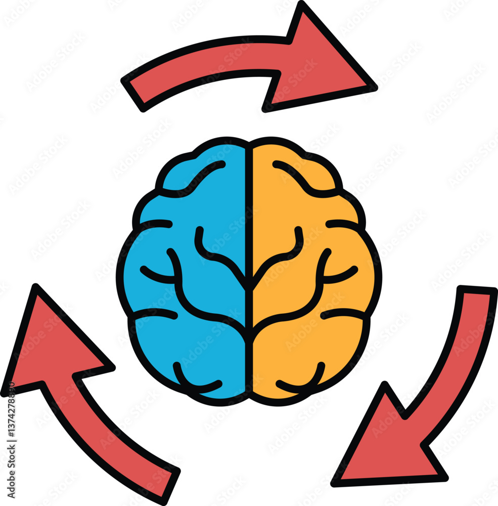 Poster a brain with two different colored halves and arrows pointing to the left