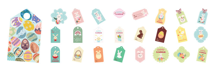 Easter Gift Tags with Cute Bunny and Egg Illustrations Collection Flat