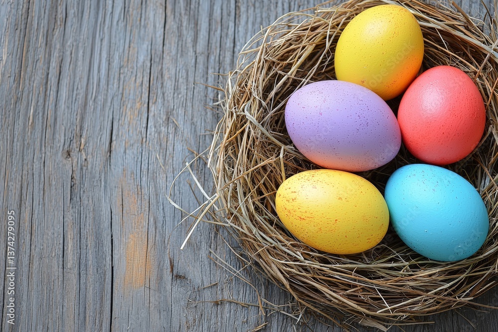 Poster vibrant colored easter eggs with striped and dotted patterns arranged in straw nest symbolizing fest