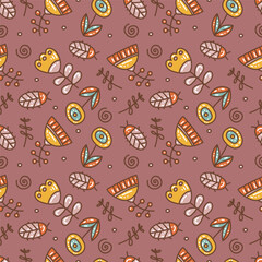 Colored wallpaper with garden design. A summer pattern of flowers and doodles. Simple modern drawing. Floral texture for textiles and fashion design.