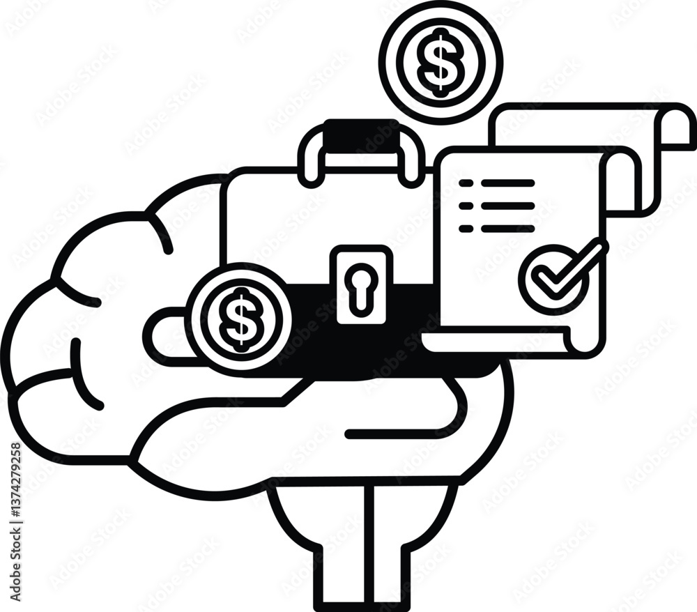 Poster brain holding a briefcase with a key and a stack of money