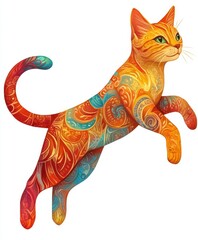 Fototapeta premium A cheerful cat mid-jump, tail straight and ears perked, leaping with excitement against a white background, radiating playful energy.