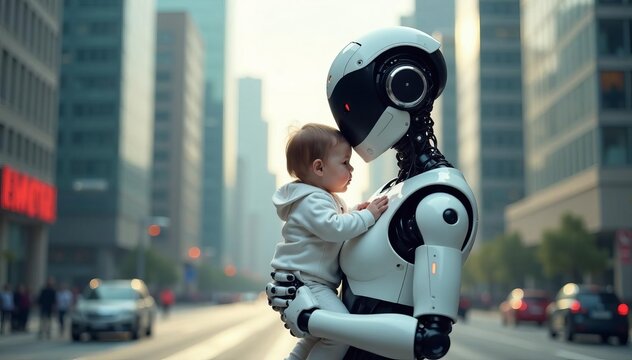 Futuristic robot nanny holding infant on its shoulders in cityscape, AI, futuristic, city