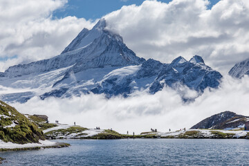 Spring view of Bachalpsee lake with Schreckhorn peak in background. Outdoor scene of Swiss Bernese Alps, Switzerland.
