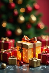 A Festive Collection of Illuminated Gift Boxes with a Sparkling Christmas Tree Background